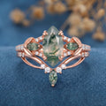 Marquise cut Moss Agate Engagement Ring & Nature Inspired Moss Agate Wedding Bridal Set