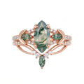 Marquise cut Moss Agate Engagement Ring & Nature Inspired Moss Agate Wedding Bridal Set