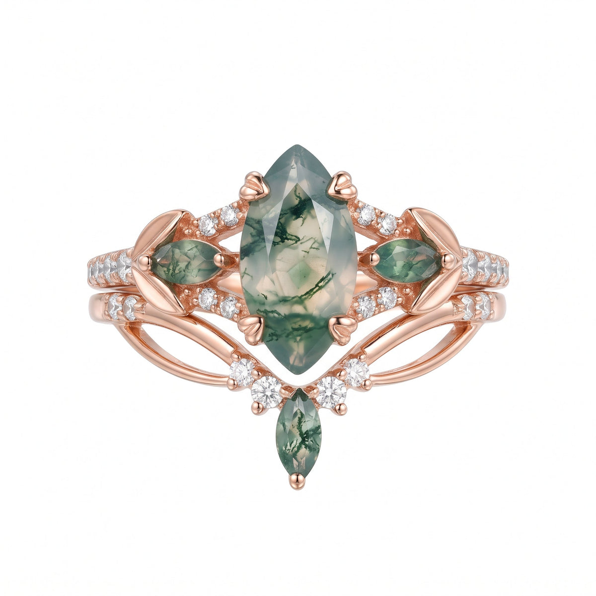 Marquise cut Moss Agate Engagement Ring & Nature Inspired Moss Agate Wedding Bridal Set