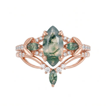 Marquise cut Moss Agate Engagement Ring & Nature Inspired Moss Agate Wedding Bridal Set