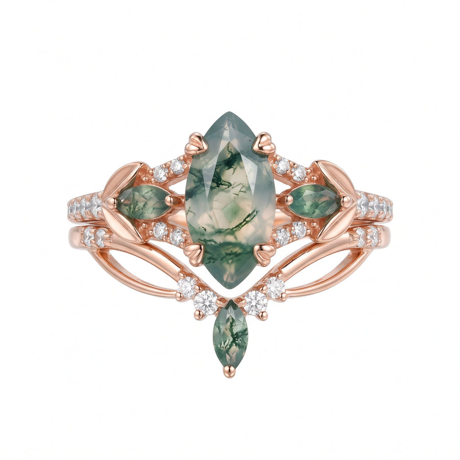 Marquise cut Moss Agate Engagement Ring & Nature Inspired Moss Agate Wedding Bridal Set