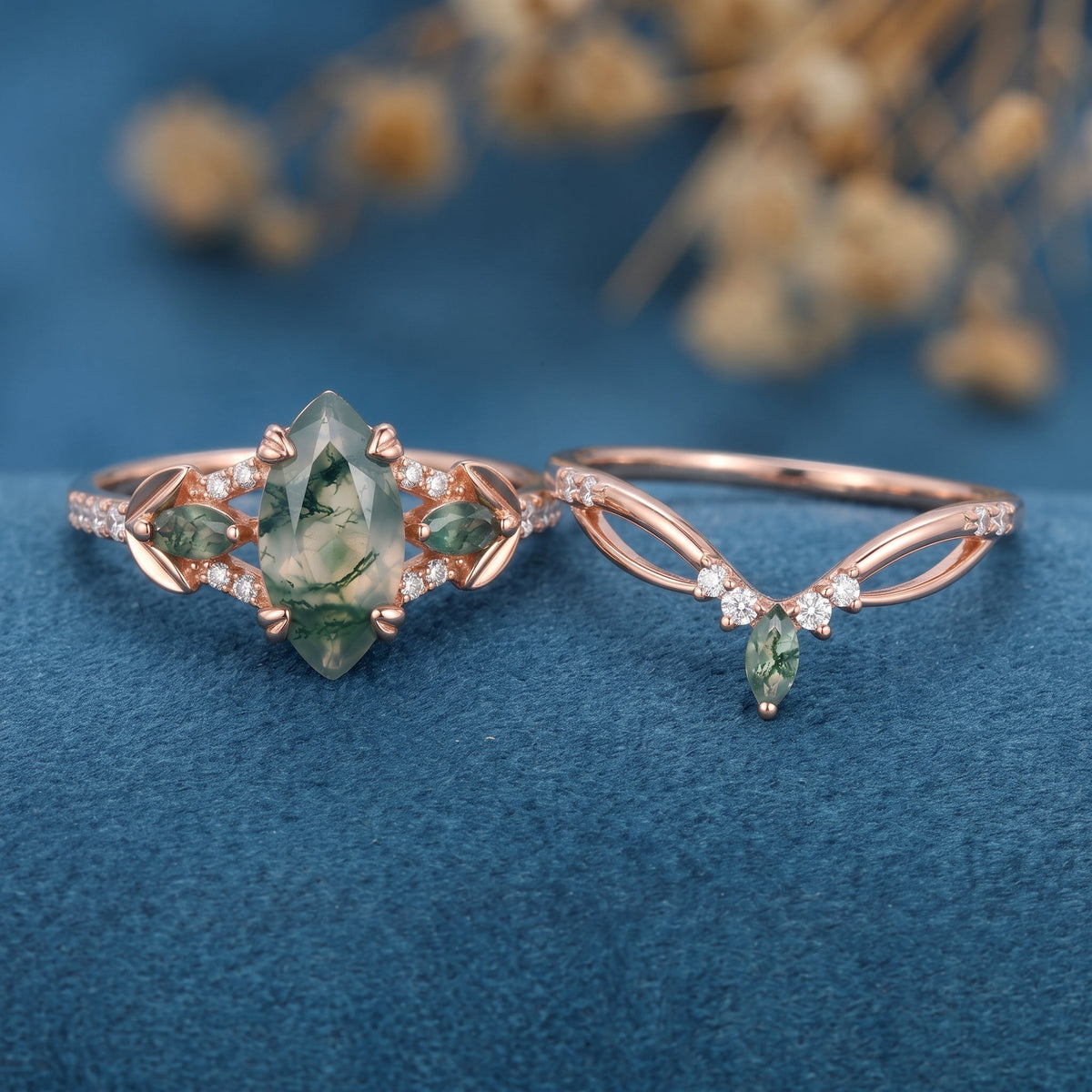 Marquise cut Moss Agate Engagement Ring & Nature Inspired Moss Agate Wedding Bridal Set