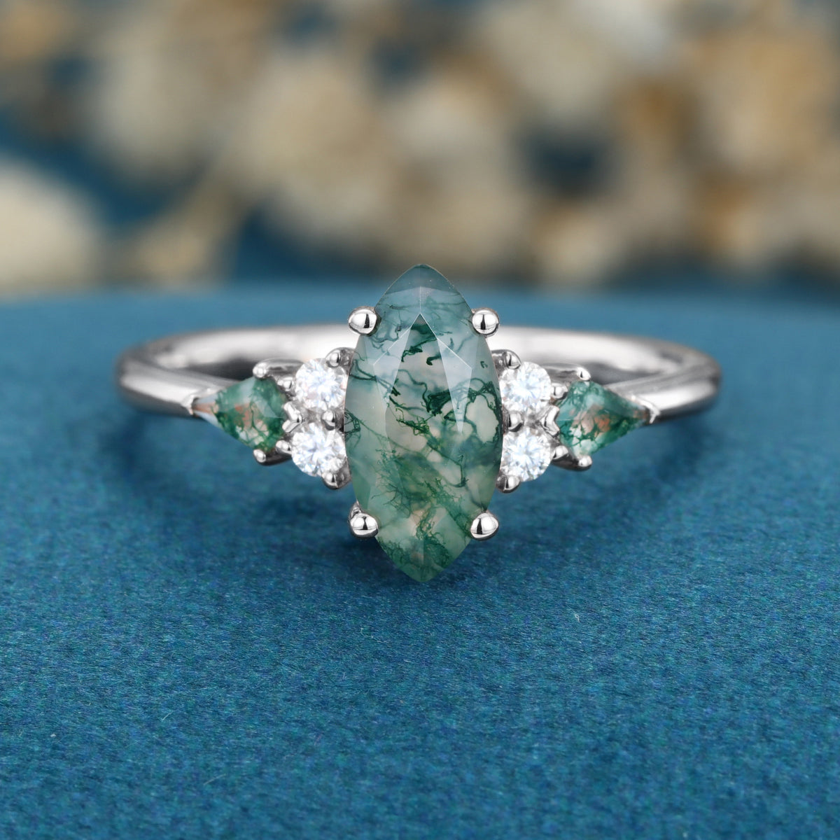 Marquise cut Moss Agate Solid Gold Engagement Ring