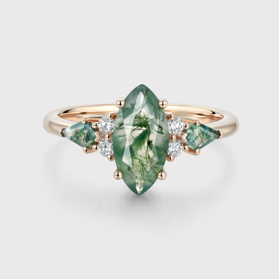 Marquise cut Moss Agate Solid Gold Engagement Ring