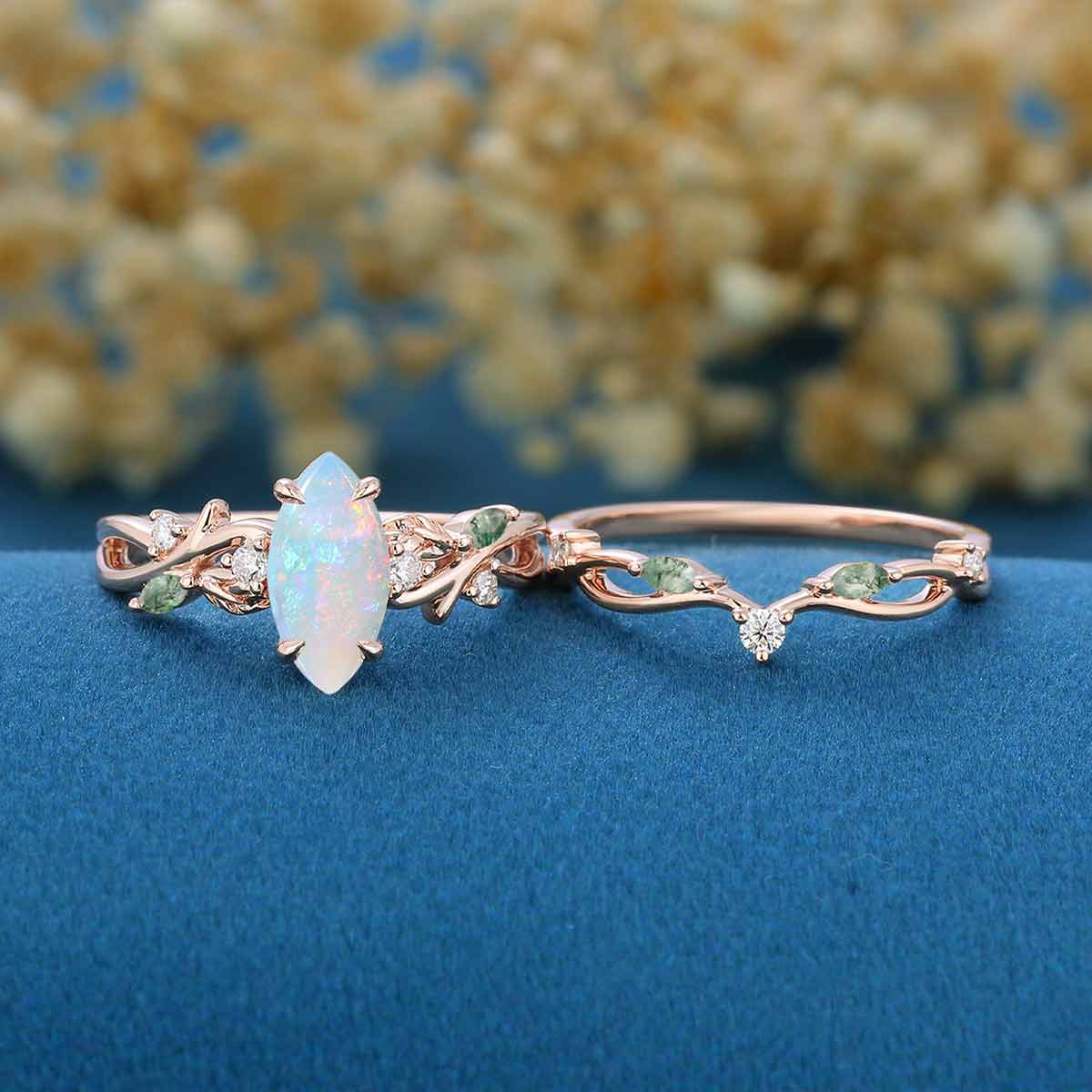 Marquise cut Opal Engagement Ring & Nature Inspired Moss agate Wedding Bridal Set