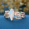 Marquise cut Opal Engagement Ring & Nature Inspired Moss agate Wedding Bridal Set