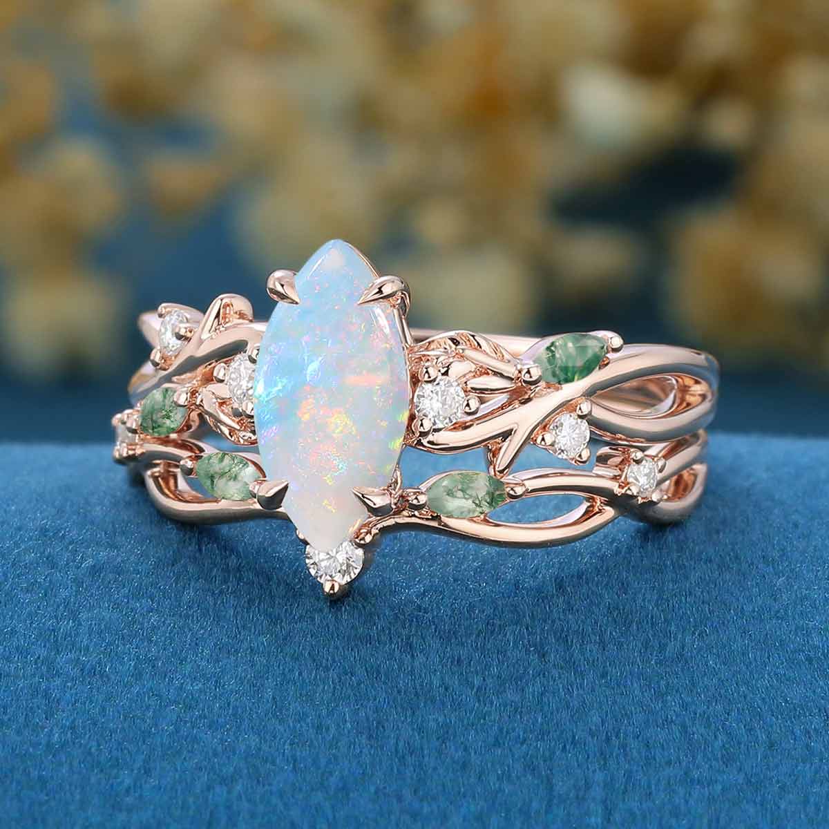 Marquise cut Opal Engagement Ring & Nature Inspired Moss agate Wedding Bridal Set