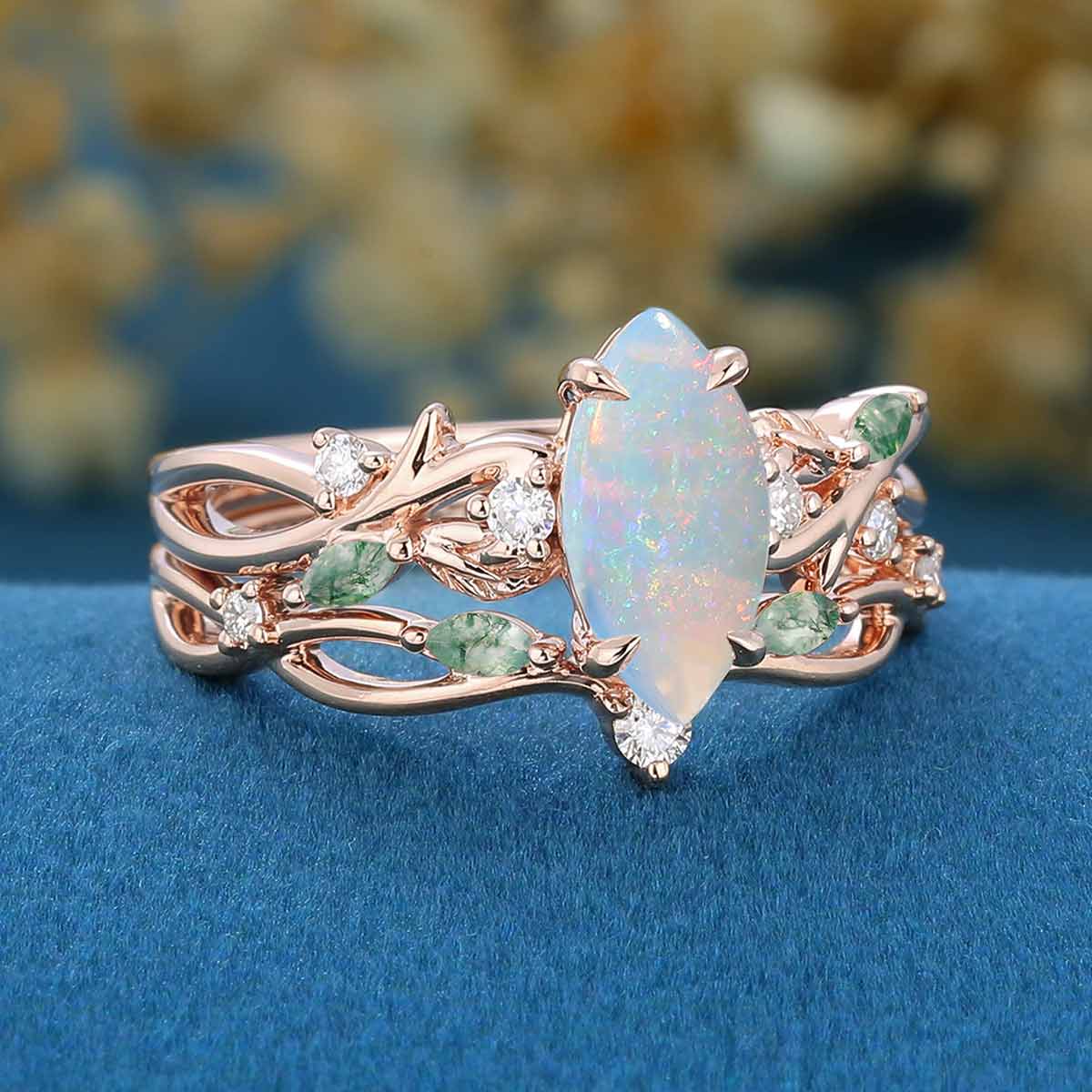 Marquise cut Opal Engagement Ring & Nature Inspired Moss agate Wedding Bridal Set