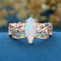 Marquise cut Opal Engagement Ring & Nature Inspired Moss agate Wedding Bridal Set