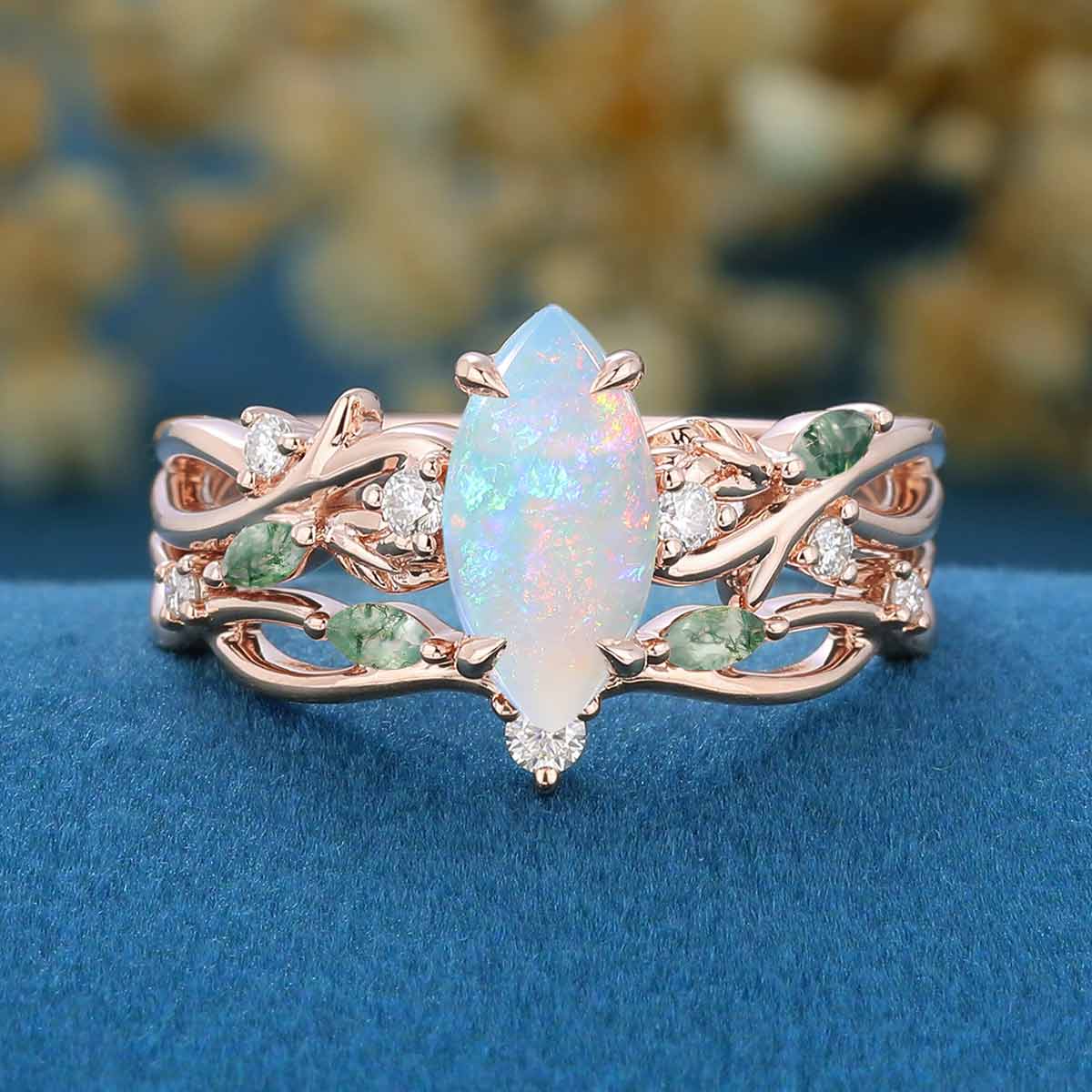 Marquise cut Opal Engagement Ring & Nature Inspired Moss agate Wedding Bridal Set