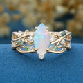 Marquise cut Opal Engagement Ring & Nature Inspired Moss agate Wedding Bridal Set