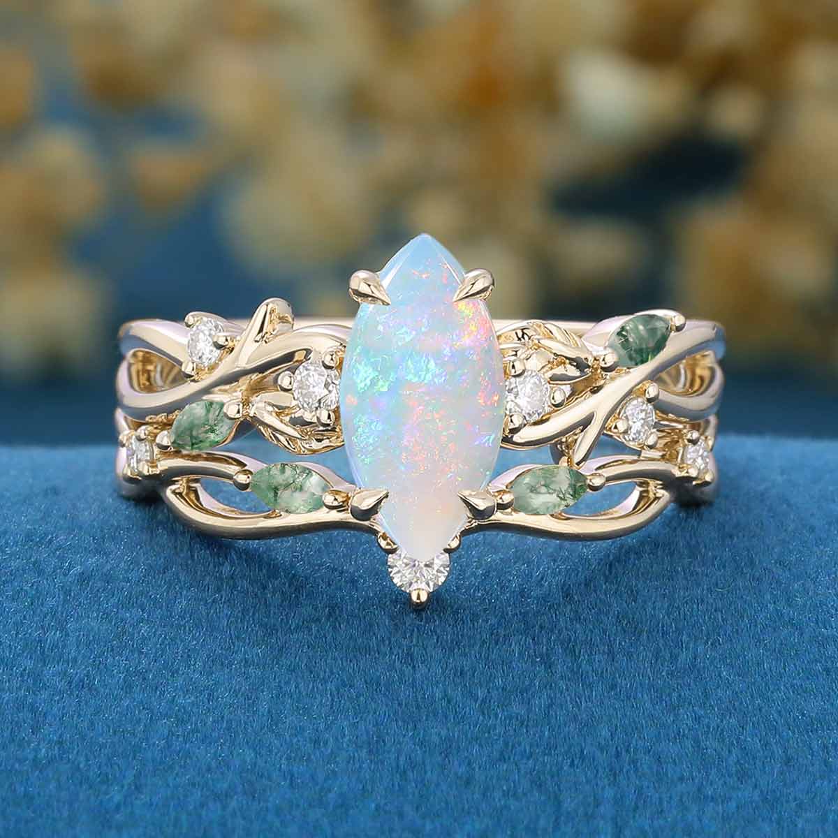 Marquise cut Opal Engagement Ring & Nature Inspired Moss agate Wedding Bridal Set