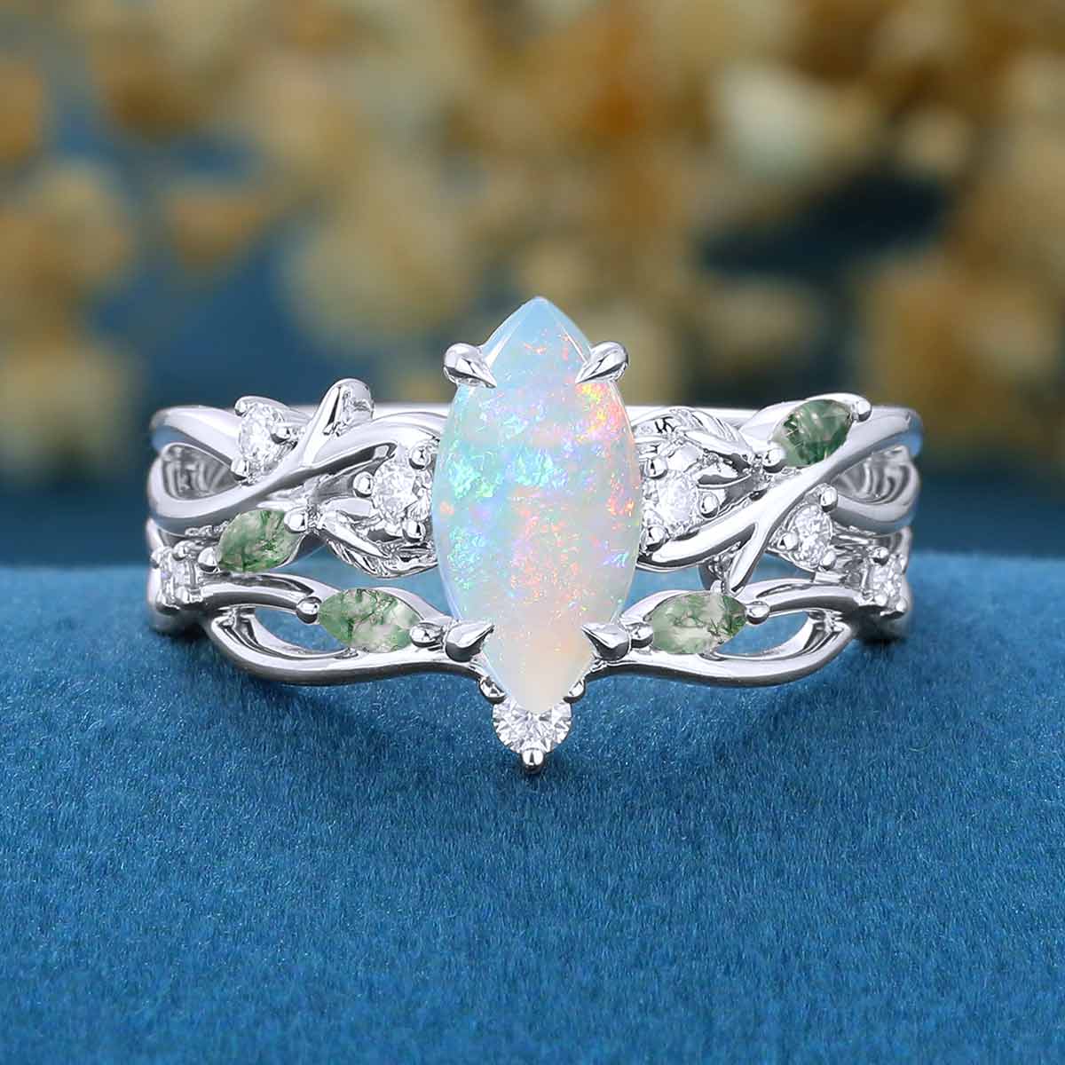 Marquise cut Opal Engagement Ring & Nature Inspired Moss agate Wedding Bridal Set