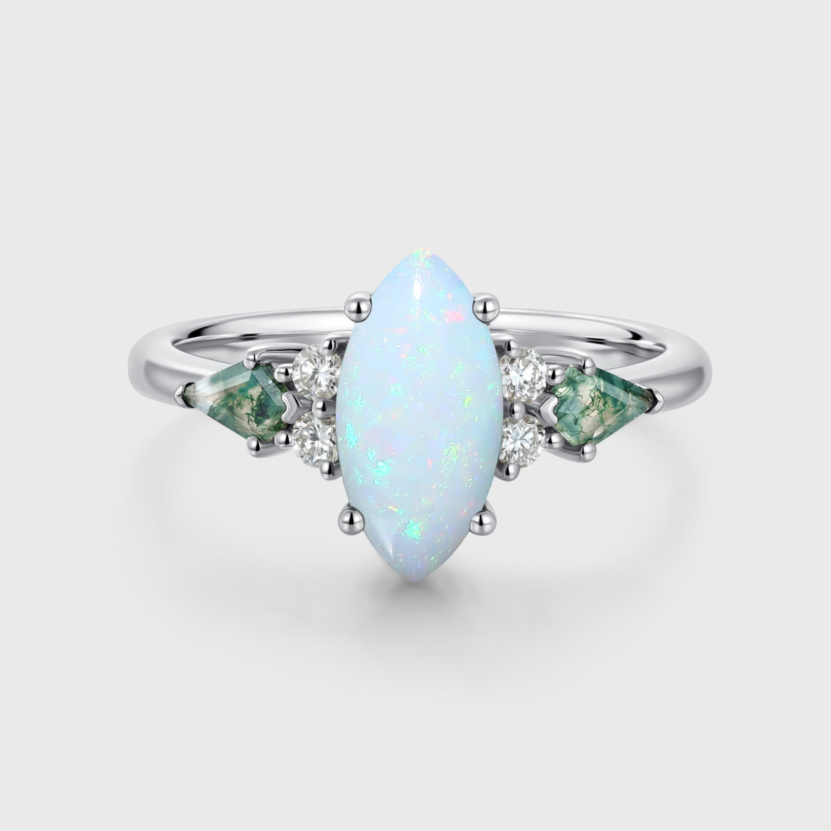 Marquise cut Opal & Moss Agate Solid Gold Engagement Ring