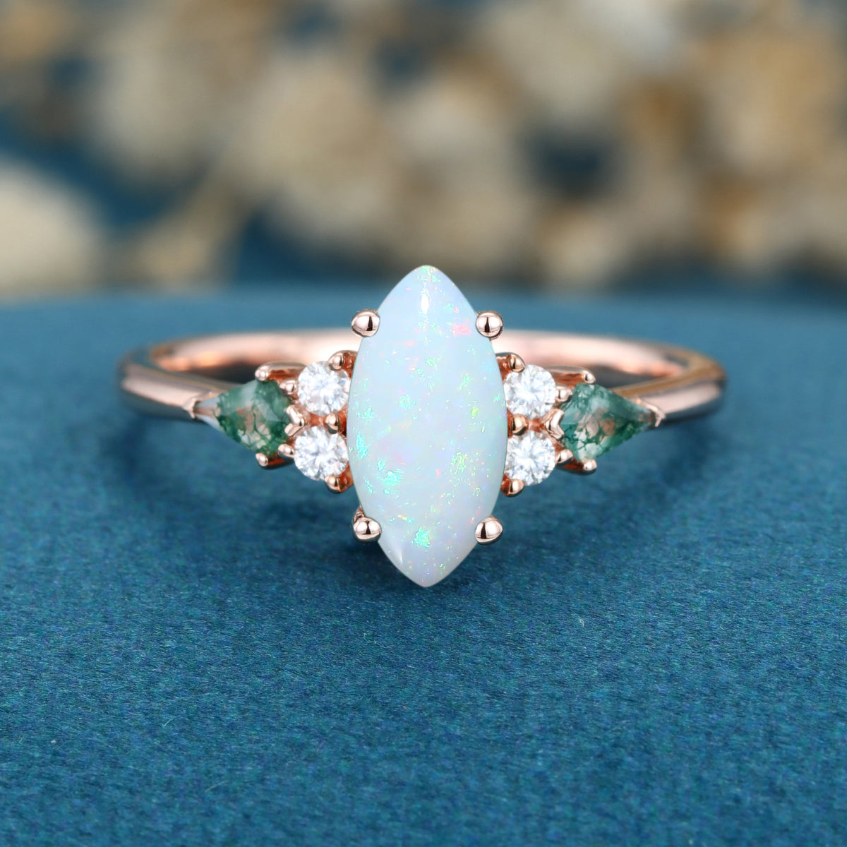Marquise cut Opal & Moss Agate Solid Gold Engagement Ring