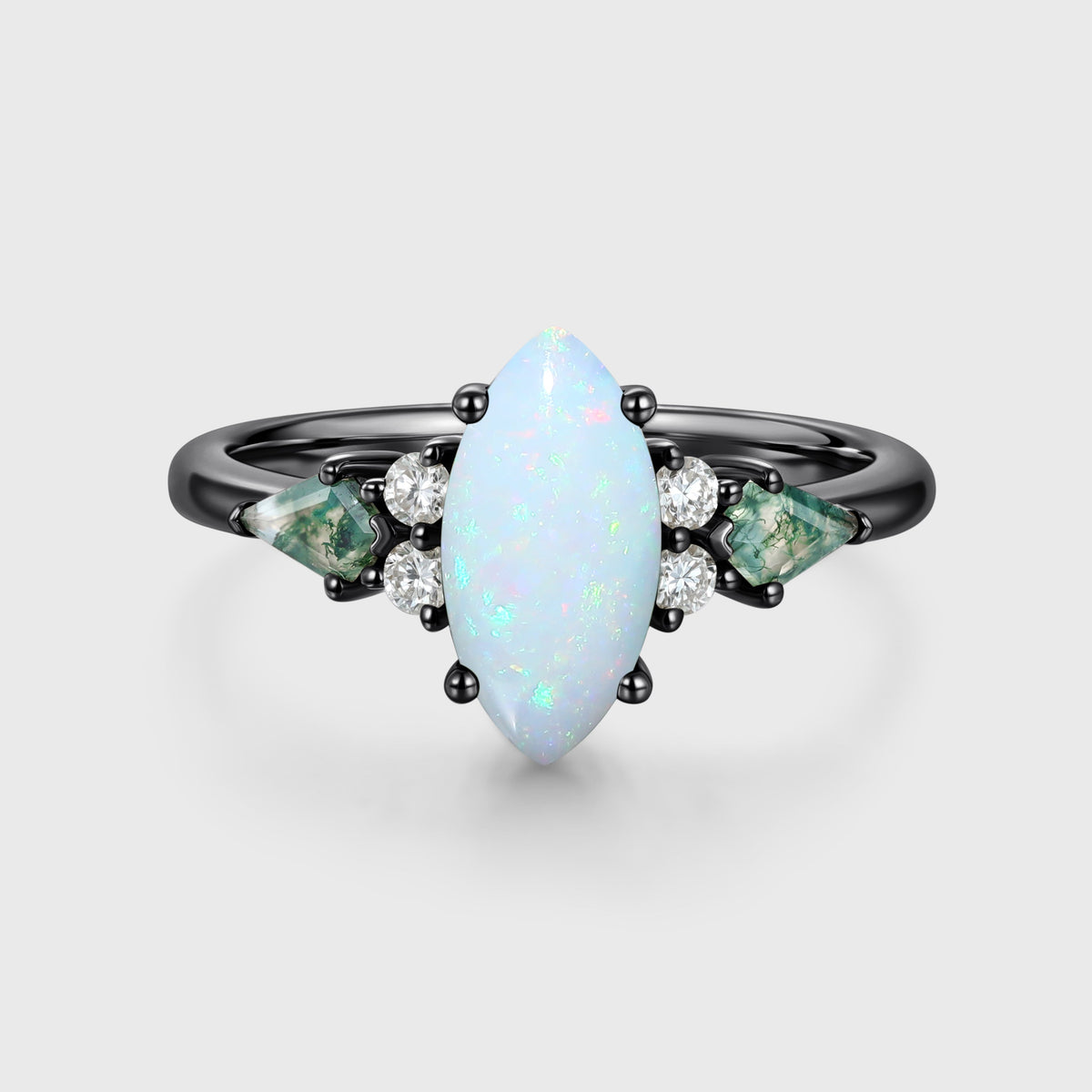 Marquise cut Opal & Moss Agate Solid Gold Engagement Ring