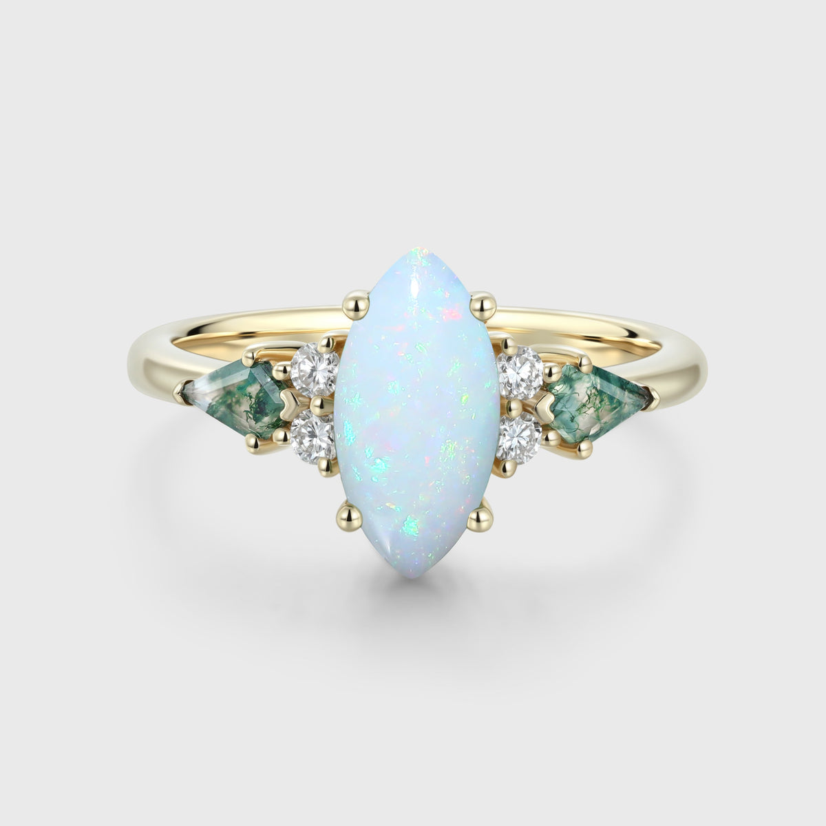 Marquise cut Opal & Moss Agate Solid Gold Engagement Ring