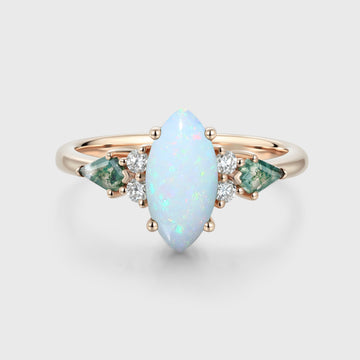 Marquise cut Opal & Moss Agate Solid Gold Engagement Ring