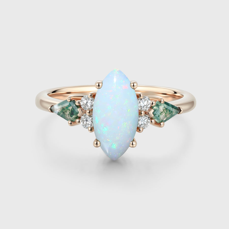 Marquise cut Opal & Moss Agate Solid Gold Engagement Ring