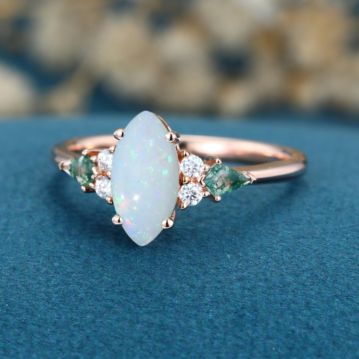 Marquise cut Opal & Moss Agate Solid Gold Engagement Ring
