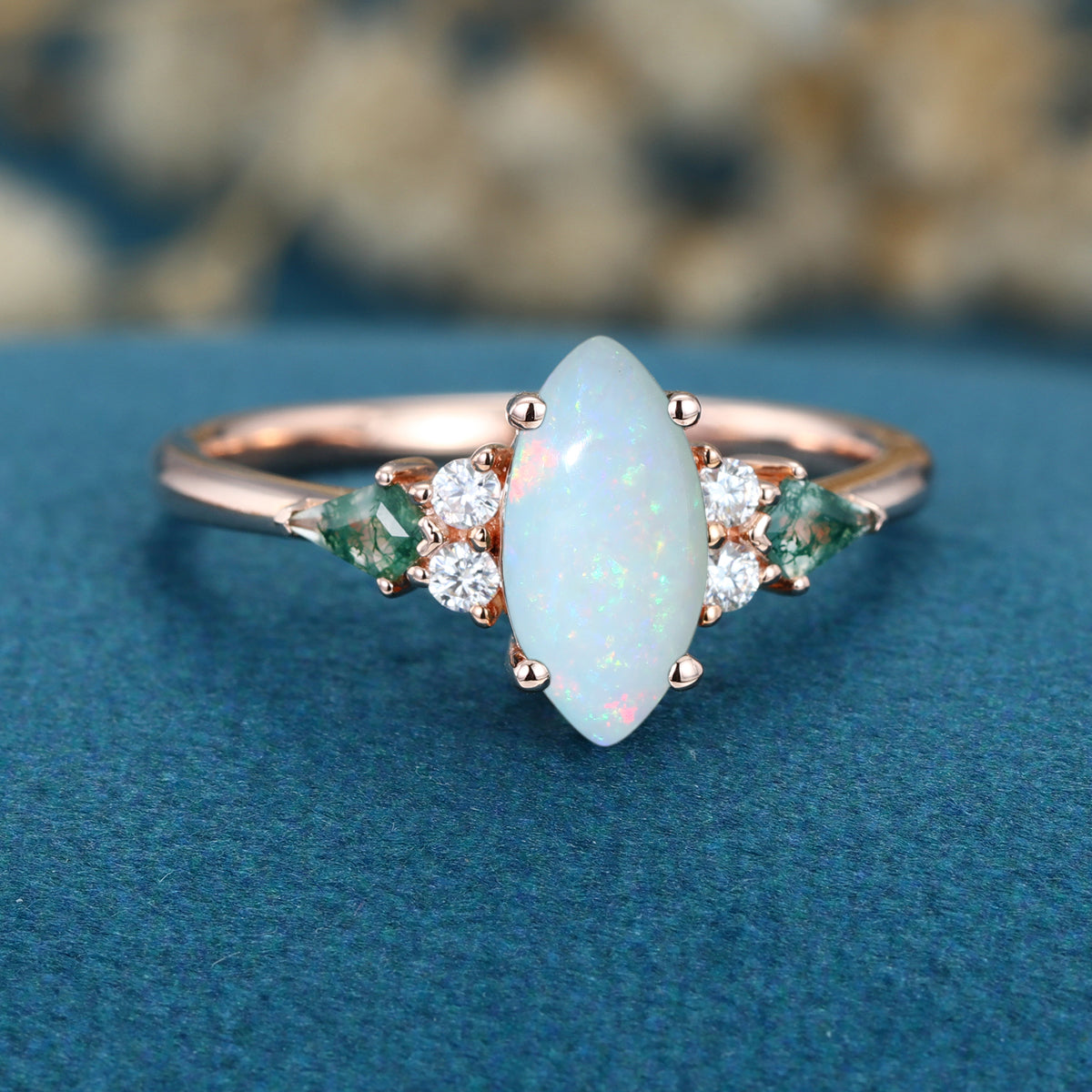Marquise cut Opal & Moss Agate Solid Gold Engagement Ring