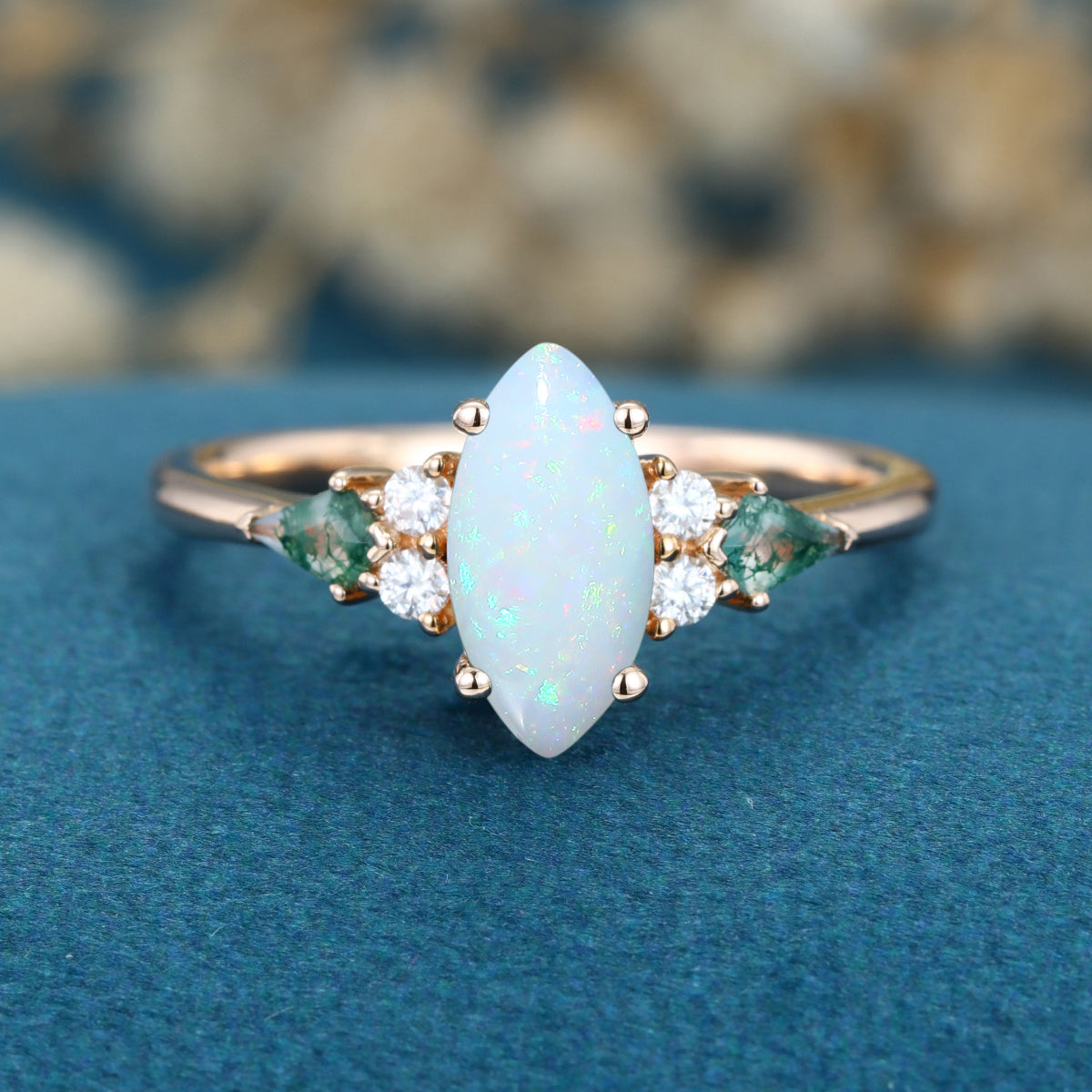Marquise cut Opal & Moss Agate Solid Gold Engagement Ring