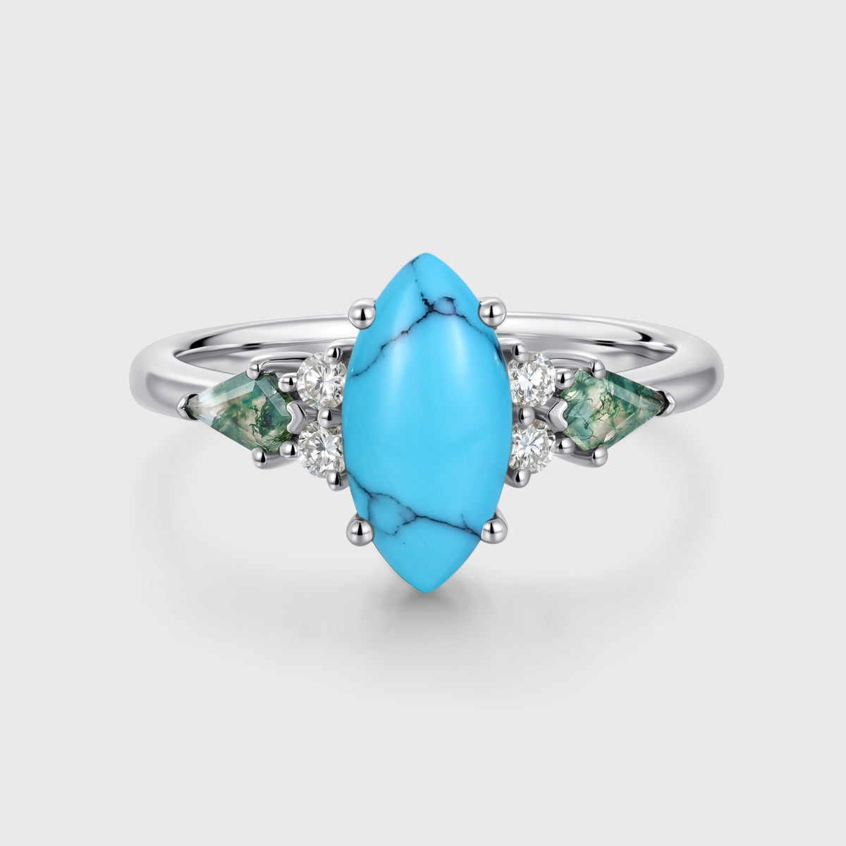 Marquise cut Turquoise & Moss Agate Solid Gold Engagement Ring