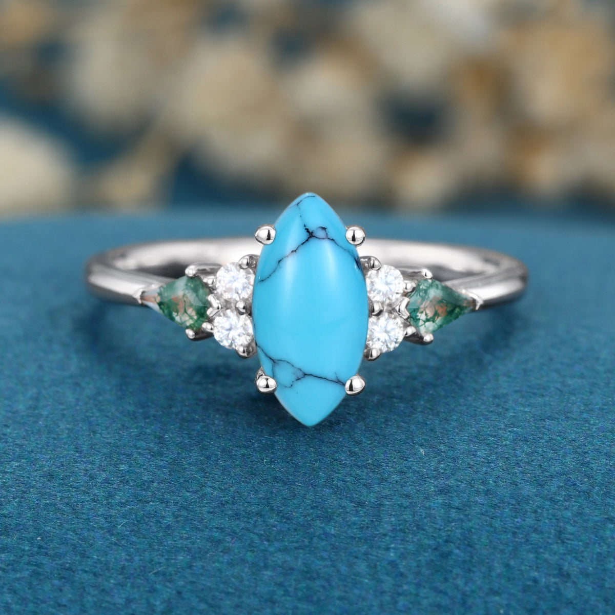 Marquise cut Turquoise & Moss Agate Solid Gold Engagement Ring