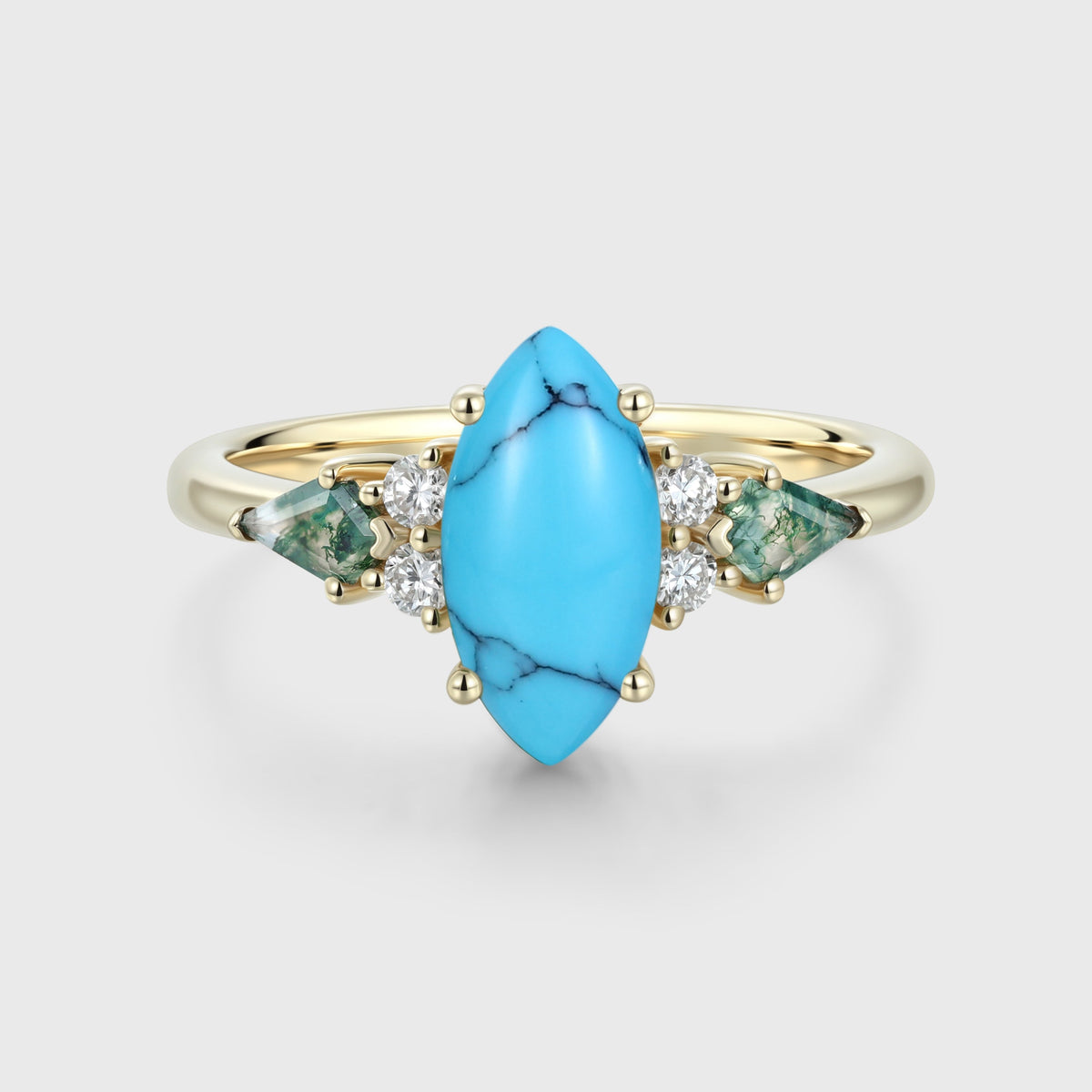 Marquise cut Turquoise & Moss Agate Solid Gold Engagement Ring