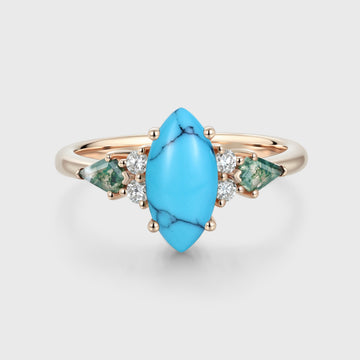 Marquise cut Turquoise & Moss Agate Solid Gold Engagement Ring