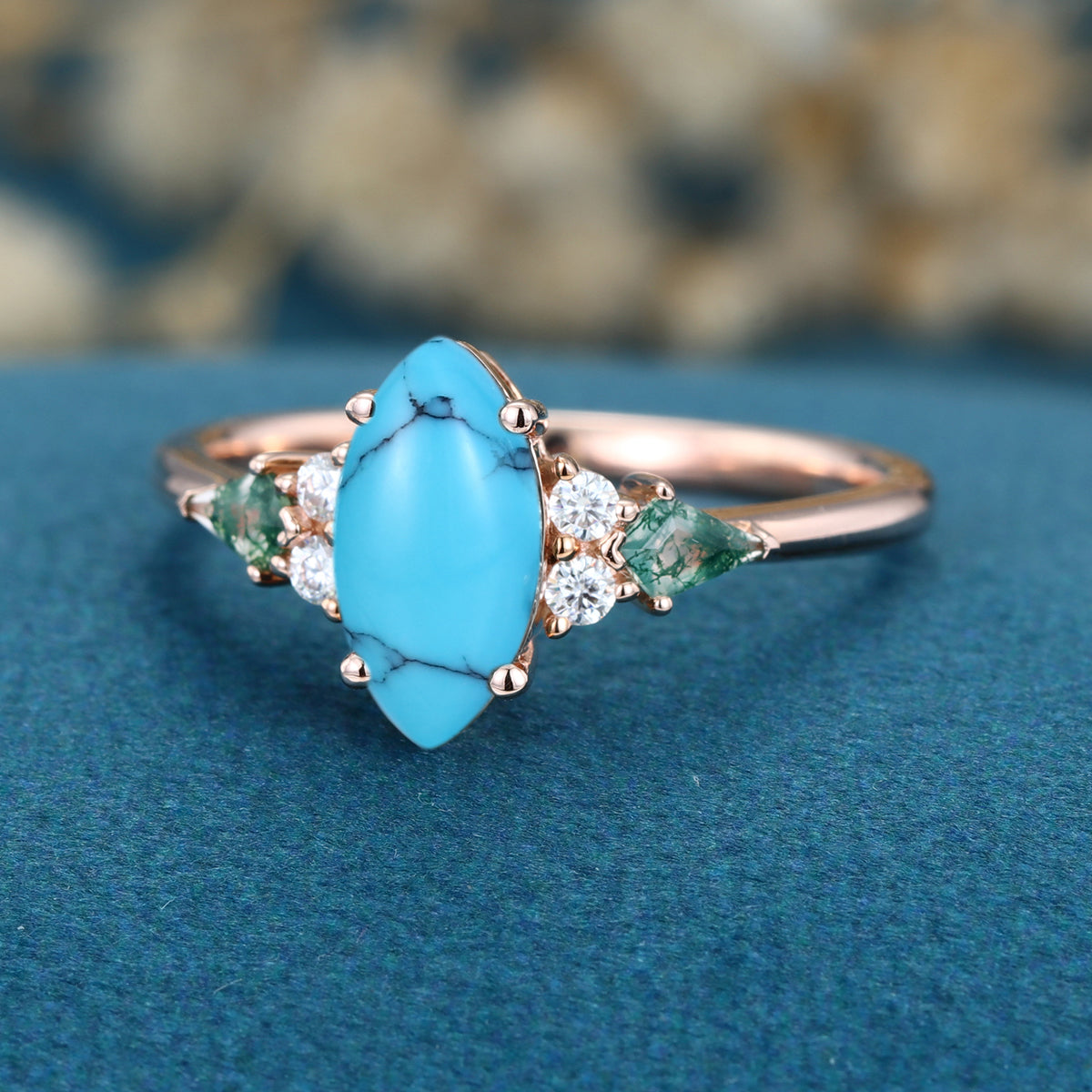 Marquise cut Turquoise & Moss Agate Solid Gold Engagement Ring