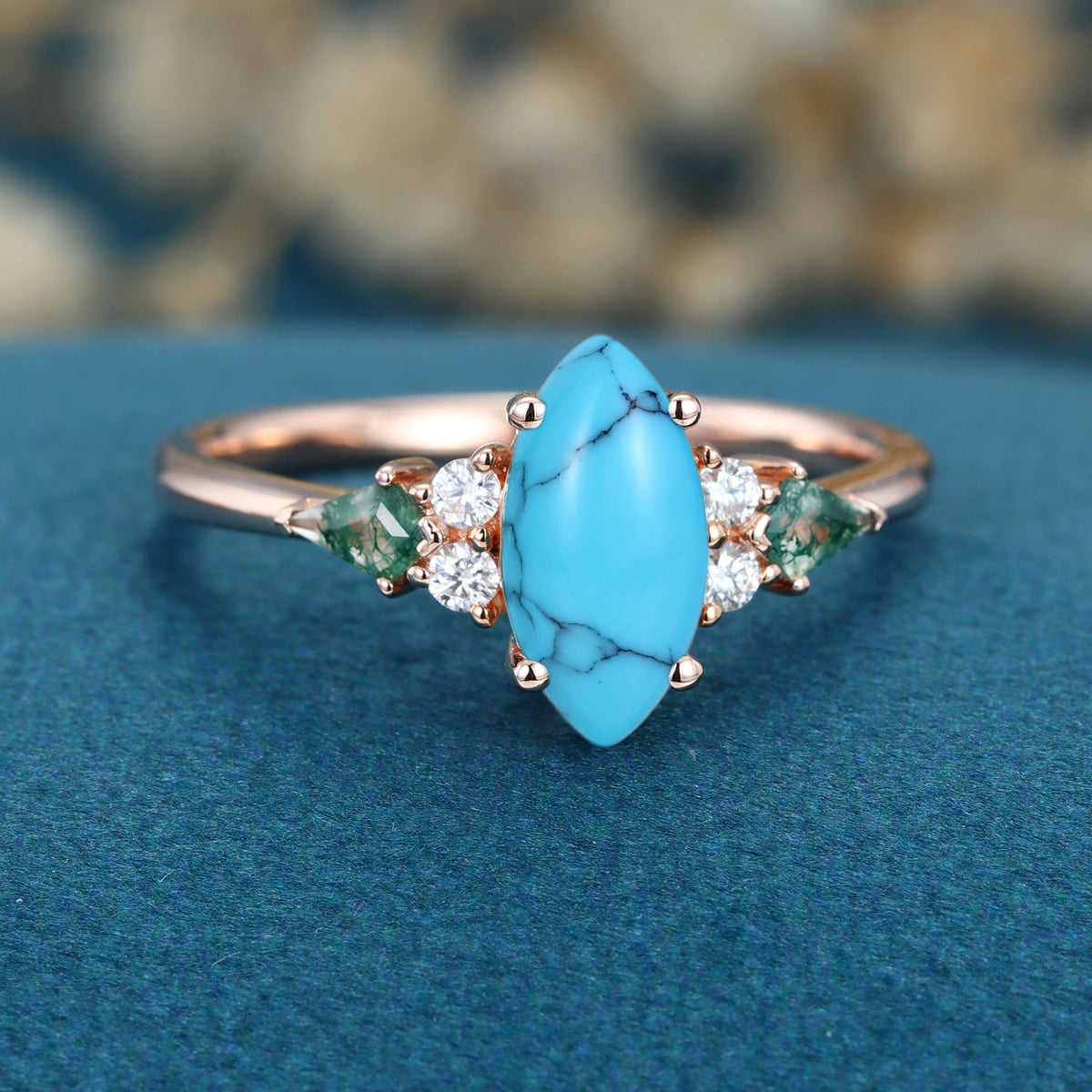 Marquise cut Turquoise & Moss Agate Solid Gold Engagement Ring