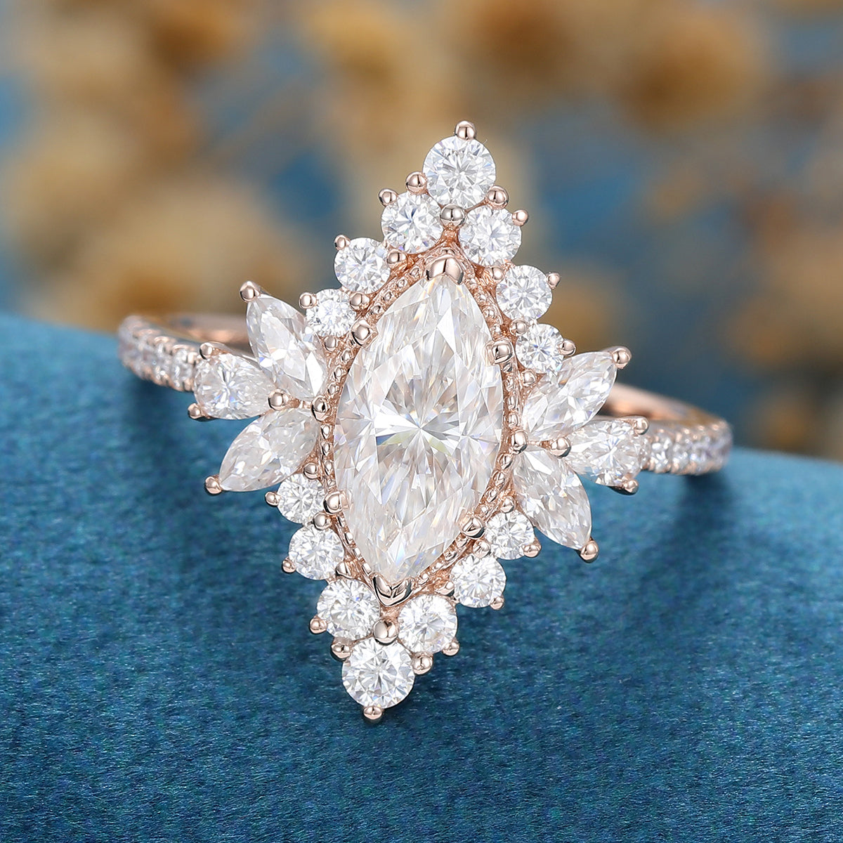 1 Carat Marquise cut Moissanite Halo Cluster Engagement Ring