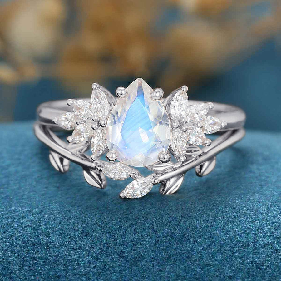 2PCS Pear Moonstone Engagement Ring Bridal Set