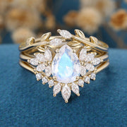 3PCS Pear Moonstone Cluster Engagement Ring Bridal Set