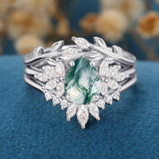Natural Green Moss Agate 3PCS Pear Cluster Engagement ring Bridal Sets