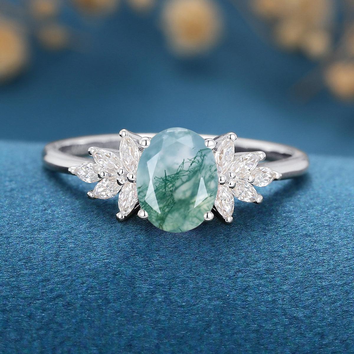 Natural Green Moss Agate Oval cut cluster Engagement Ring