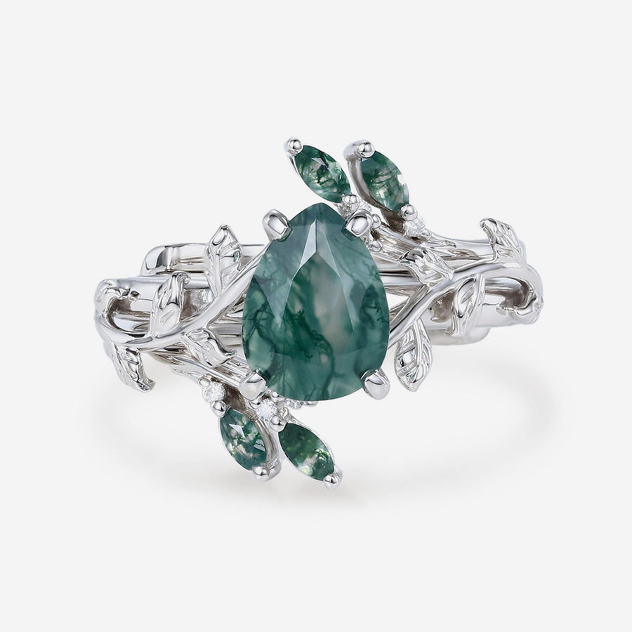 Nature Inspired 1.2Carat Pear cut Moss Agate Leaf Rose Gold Wedding Bridal Set