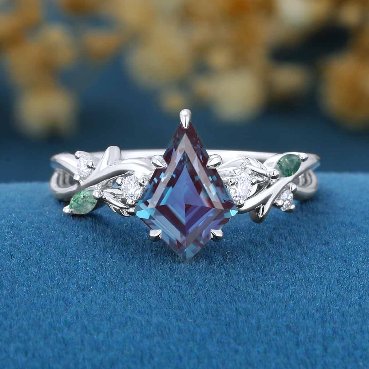 Nature Inspired Kite Alexandrite Leaf Branch Twist Engagement Ring