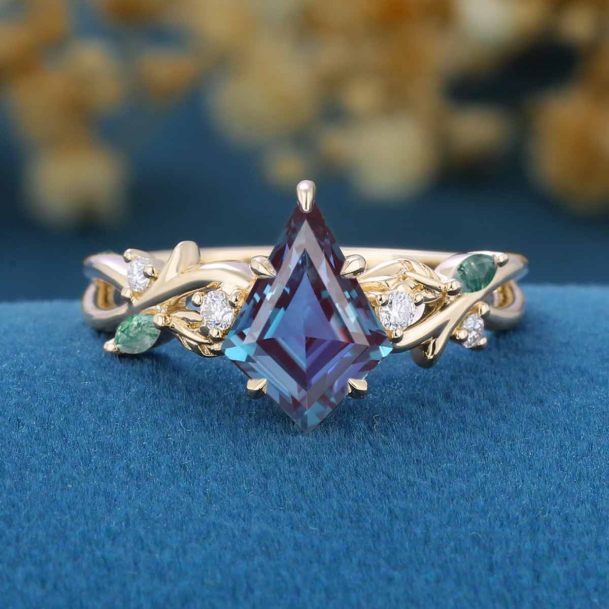 Nature Inspired Kite Alexandrite Leaf Branch Twist Engagement Ring