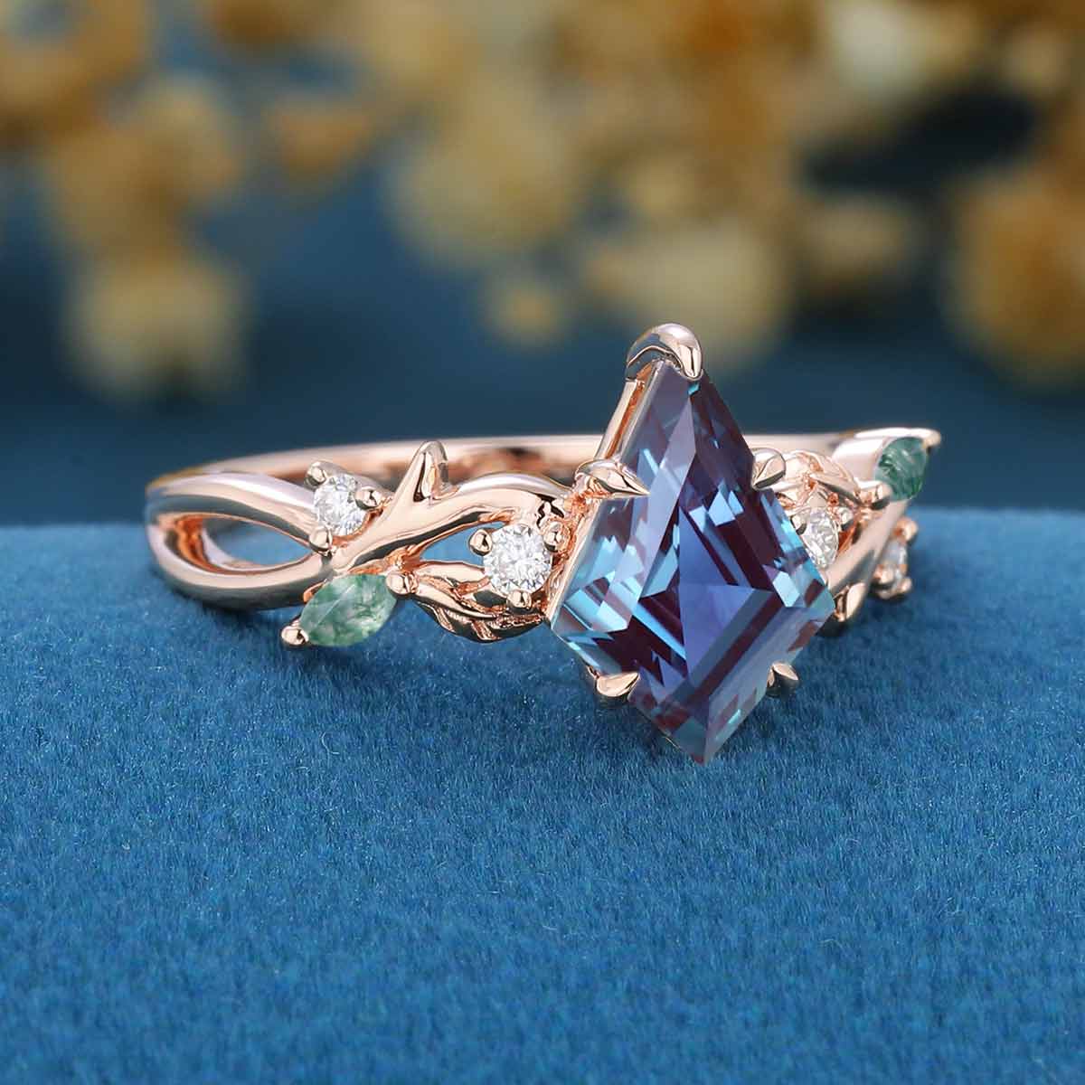 Nature Inspired Kite Alexandrite Leaf Branch Twist Engagement Ring
