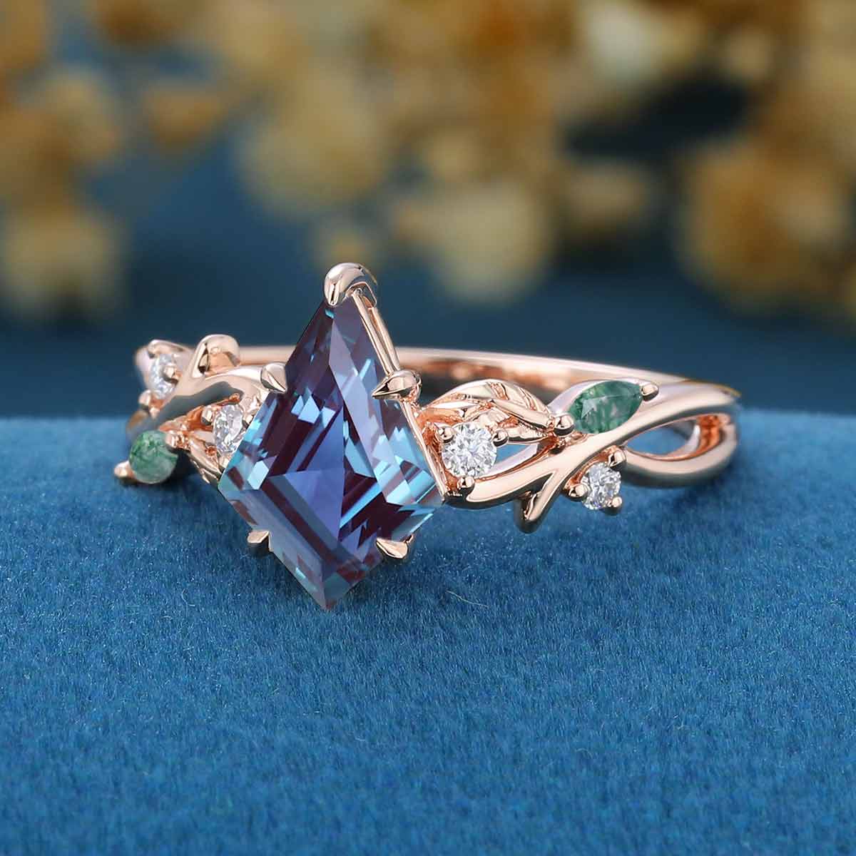 Nature Inspired Kite Alexandrite Leaf Branch Twist Engagement Ring