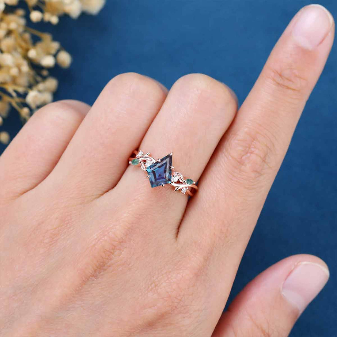 Nature Inspired Kite Alexandrite Leaf Branch Twist Engagement Ring