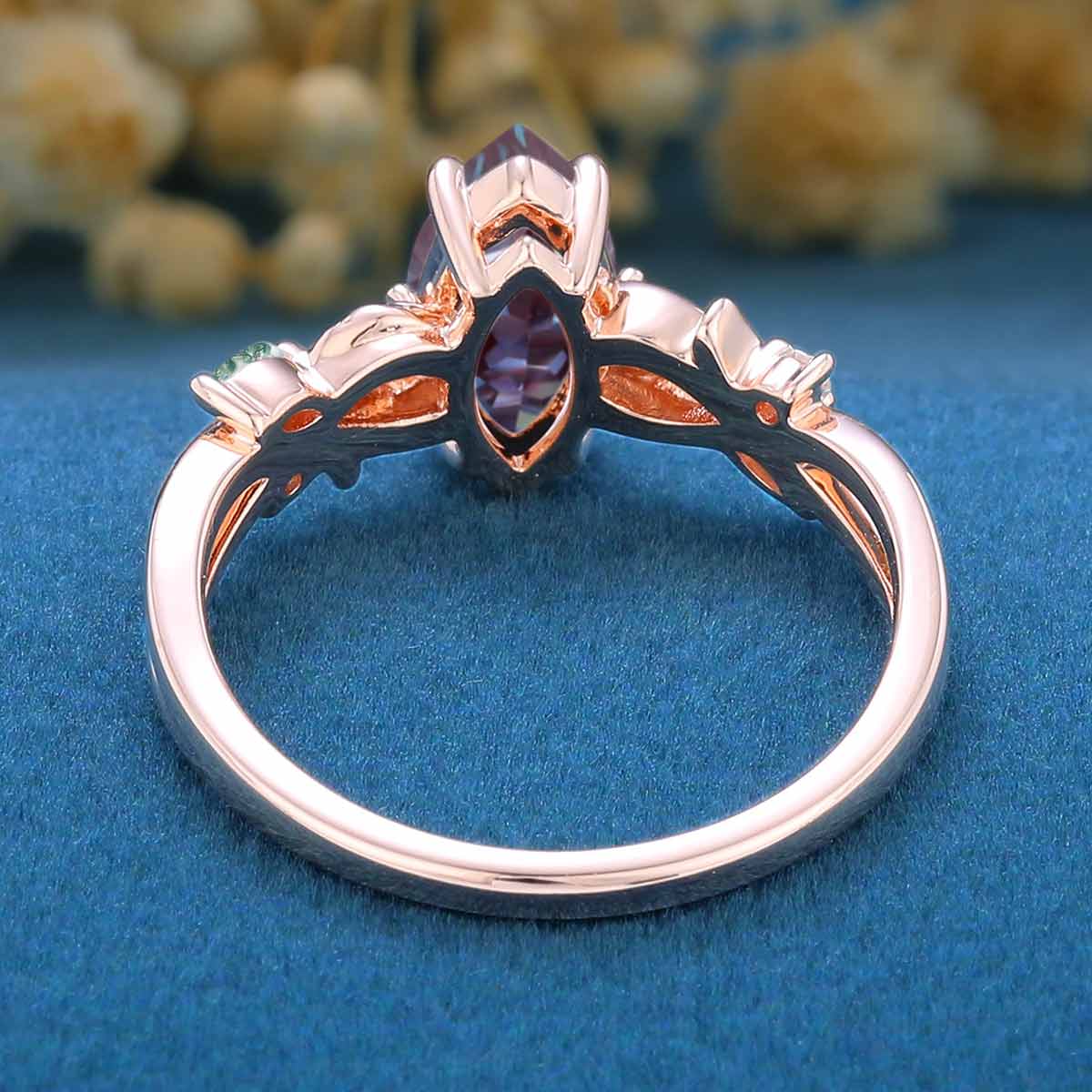 Nature Inspired Marquise Alexandrite Engagement Ring Leaf Branch Lab diamond  ring