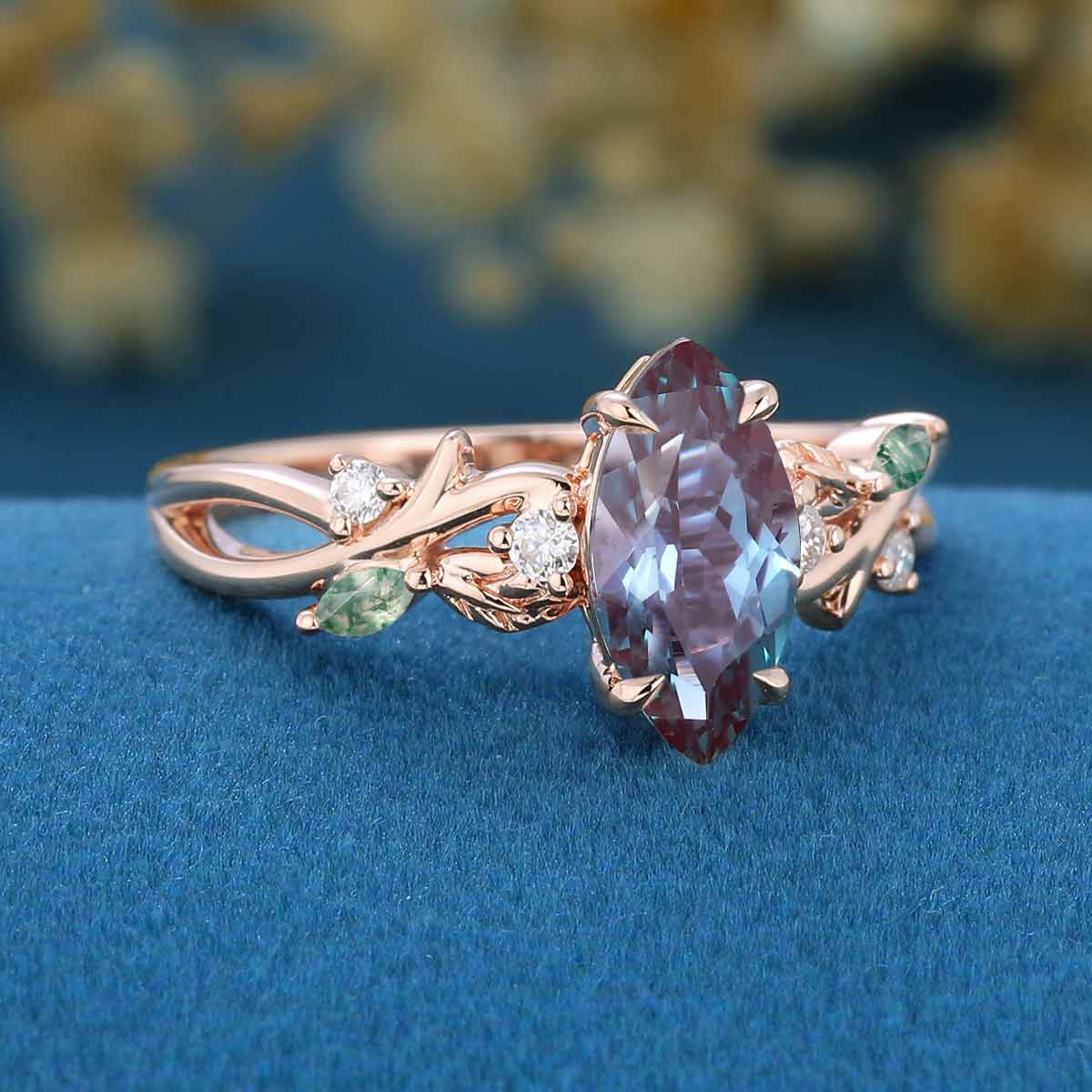 Nature Inspired Marquise Alexandrite Engagement Ring Leaf Branch Lab diamond  ring