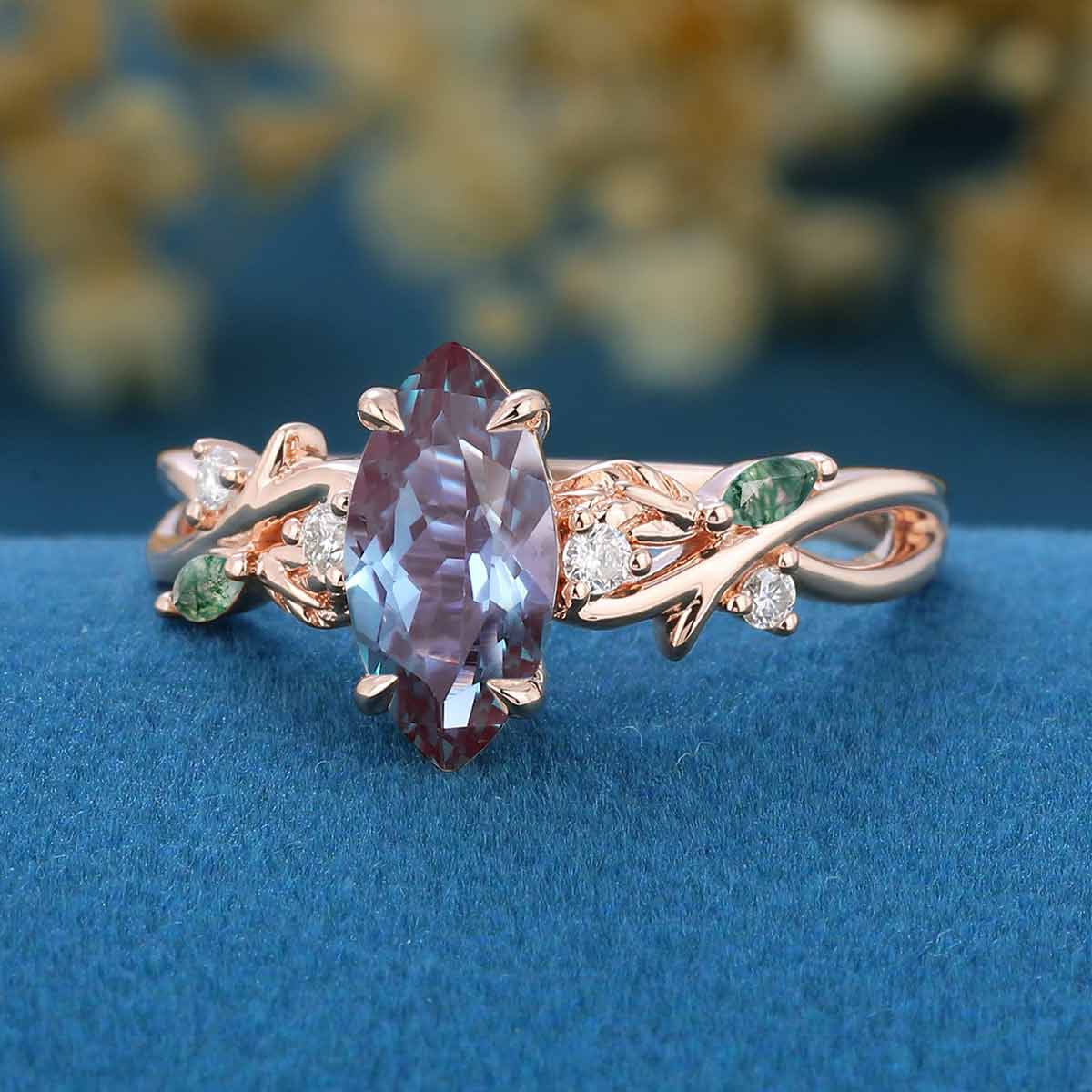 Nature Inspired Marquise Alexandrite Engagement Ring Leaf Branch Lab diamond  ring