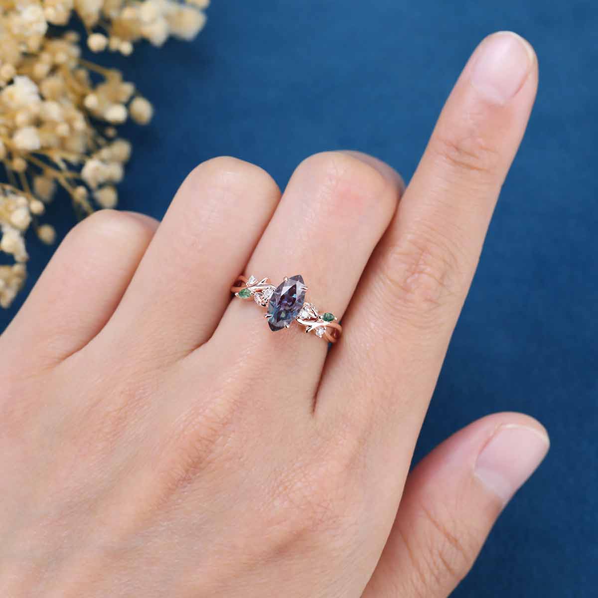 Nature Inspired Marquise Alexandrite Engagement Ring Leaf Branch Lab diamond  ring