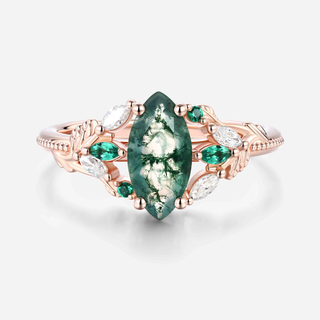 Nature Inspired Marquise cut Moss Agate Engagement Ring