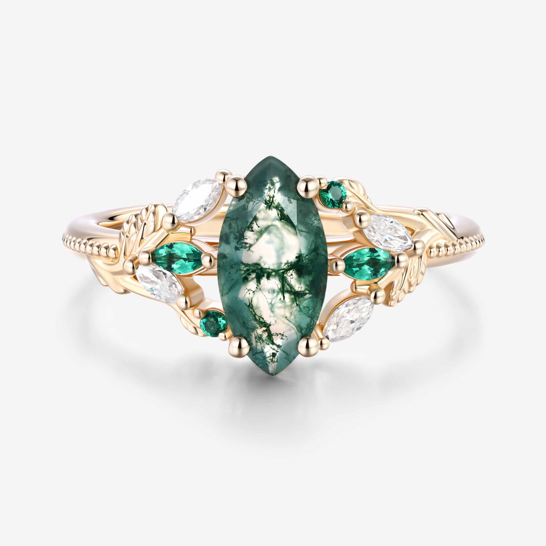 Nature Inspired Marquise cut Moss Agate Engagement Ring