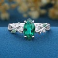Nature Inspired Marquise Lab Emerald Engagement Ring Leaf Branch Moss Agate ring